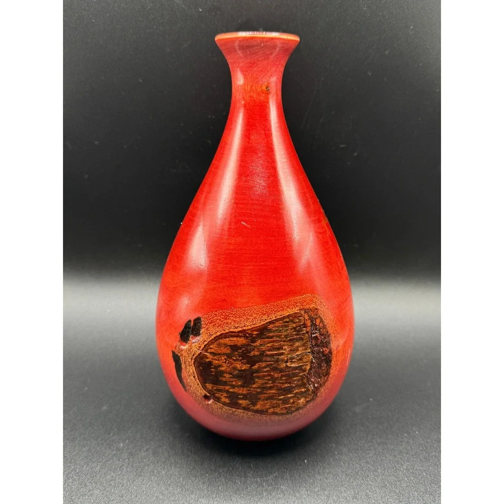 Signed Hand Turned Birch Wood Bud Vase‎ Red Burnt Live Edge Nature Artisan MCM